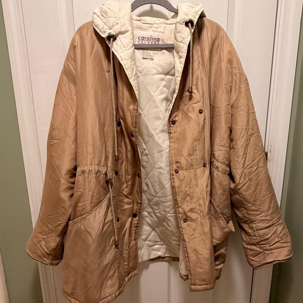 Carolina Colours Womens Tan Quilted Silk Hooded Parka Jacket Size L‎
